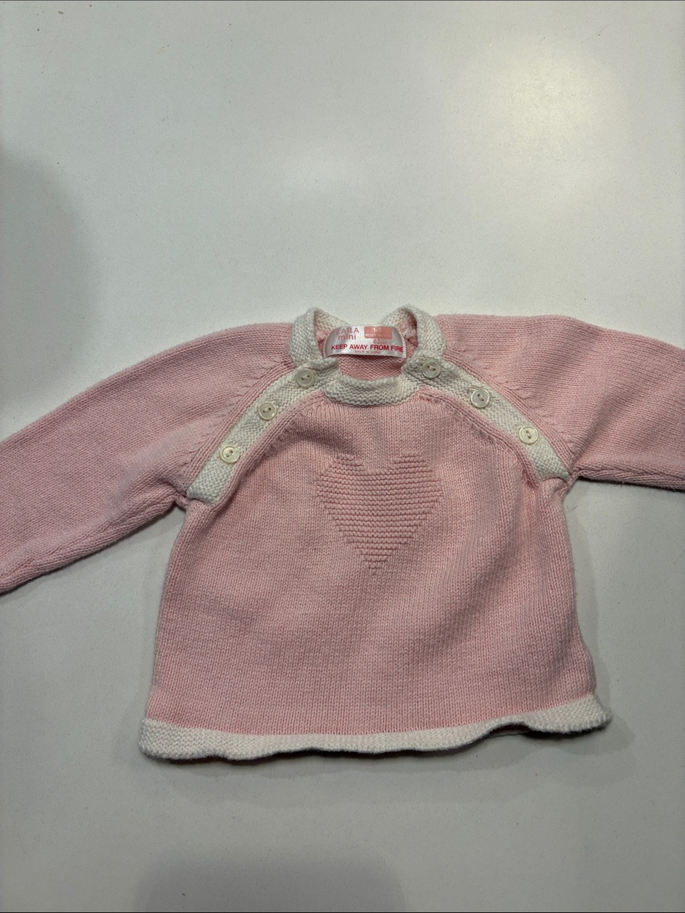Baby Pink Heart Knit Sweater with White Trim